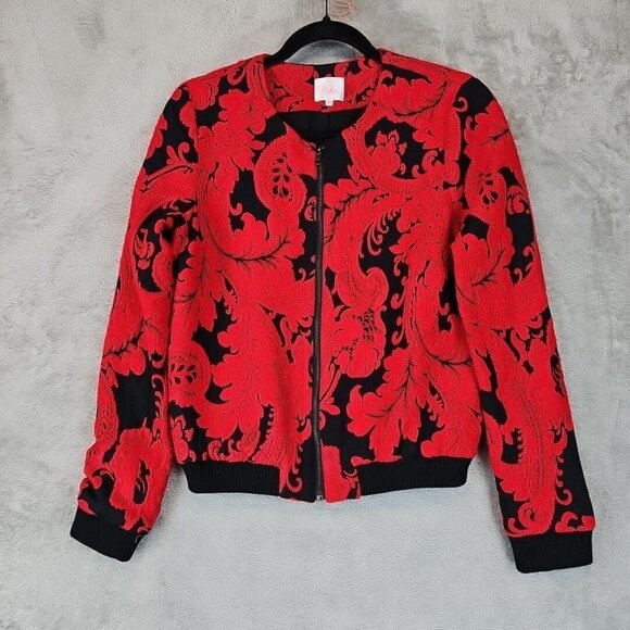 Parker Maverick Brocade Bomber Jacket Womens XS Red Black Paisley Collarless - Picture 1 of 8